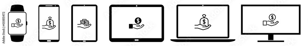 Display pay, money, income, currency, finance, coin, cash, investment Icon Devices Set | Web Screen Device Online | Laptop Vector Illustration | Mobile Phone | PC Computer Sign Isolated Display pay, money, income, currency, finance, coin, cash, investment Icon Devices Set | Web Screen Device Online | Laptop Vector Illustration | Mobile Phone | PC Computer Sign Isolated