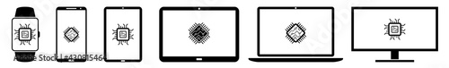 Display microchip, chip, micro, microcircuit, microprocessor Icon Devices Set | Web Screen processing, processor, technology Device Online | Laptop Vector Illustration | Mobile | PC Computer Sign