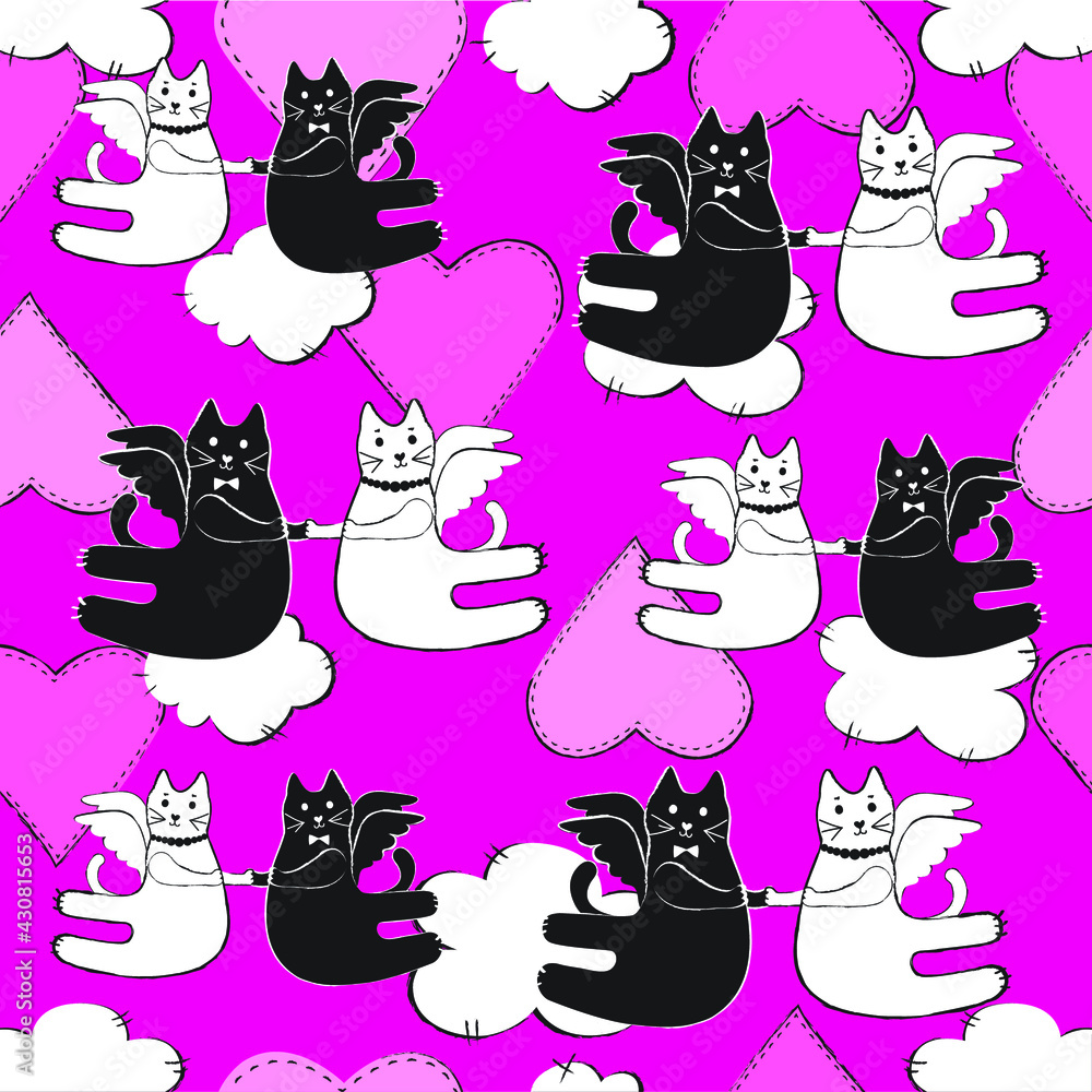 Seamless pattern with cats. White and black cat on pink background. Valentine's Day with a heart and a cat. Funny pattern for fabric, set of cats, Valentine's Day