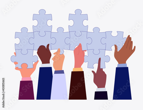 Business team metaphor. The concept of building a business system, solving problems, brainstorming, recruiting, teamwork, collaboration. Vector illustration in flat cartoon style.