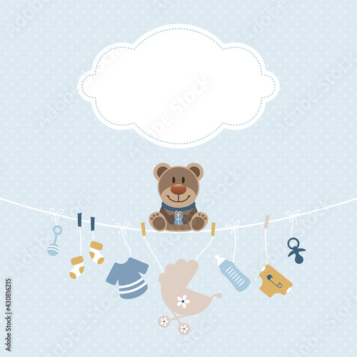 Teddy & Hängende Babyicons Junge Wolke Punkte Retroblau Senfgelb