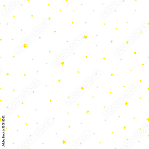 Yellow stars in a chaotic manner on a white isolated background. Children's vector and stock illustration. Apply for printing on fabric, wallpaper, print on clothes and illustrations for books.
