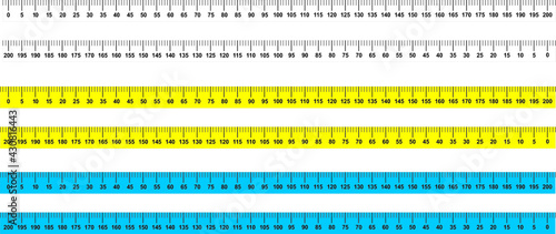 Measure Tape ruler metric measurement. Metric ruler. 200 centimeters metric vector ruler with yellow and black color. Two version, from left to right and opposite. 2, 4, and 8 centimetre wide. 
