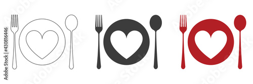 Dishes. Icon set, fork, spoon and plates, menu logo, cutlery silhouette. Love for food.