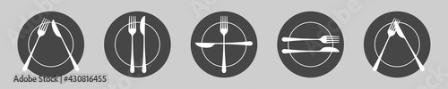 Dishes. Spoon, fork, knife and plates icons set, menu logo, cutlery silhouette. Table etiquette rules. Vector illustration.