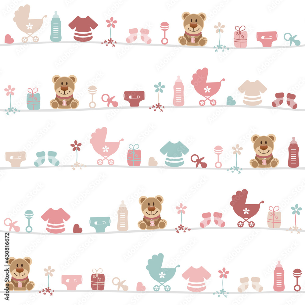 Fototapeta premium Endlosmuster Baby Mädchen Teddy Icons Rosa Mintgrün