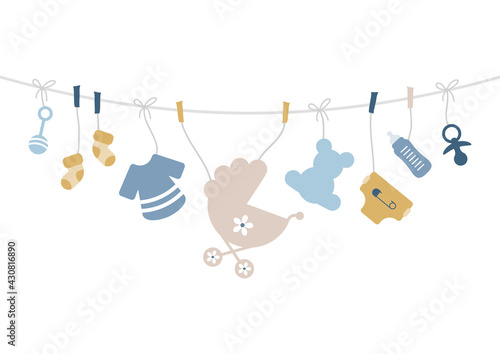 Karte Bogen Hängende Babysymbole Junge Retroblau Senfgelb