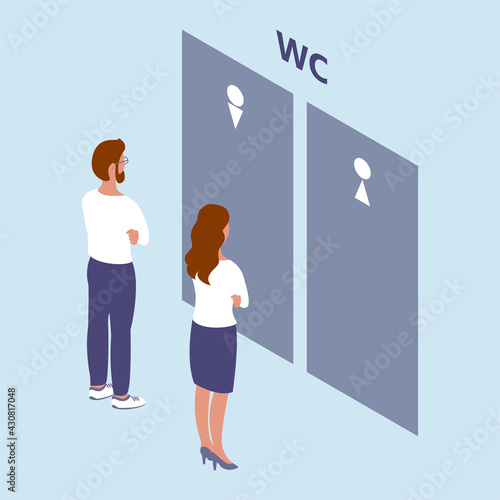 A man and a woman stand in front of the toilet doors. Male and female wc. Waiting for their turn. Vector isometric illustration
