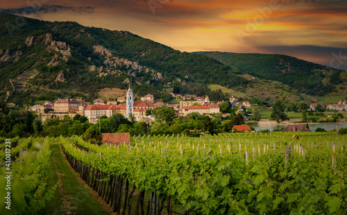 Durnstein village along the Danube river in the picturesque Wachau valley. Austria.