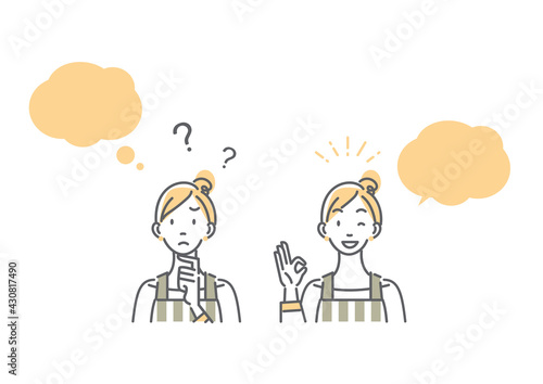女性　悩み＆解決セット　シンプルでお洒落な線画イラスト素材