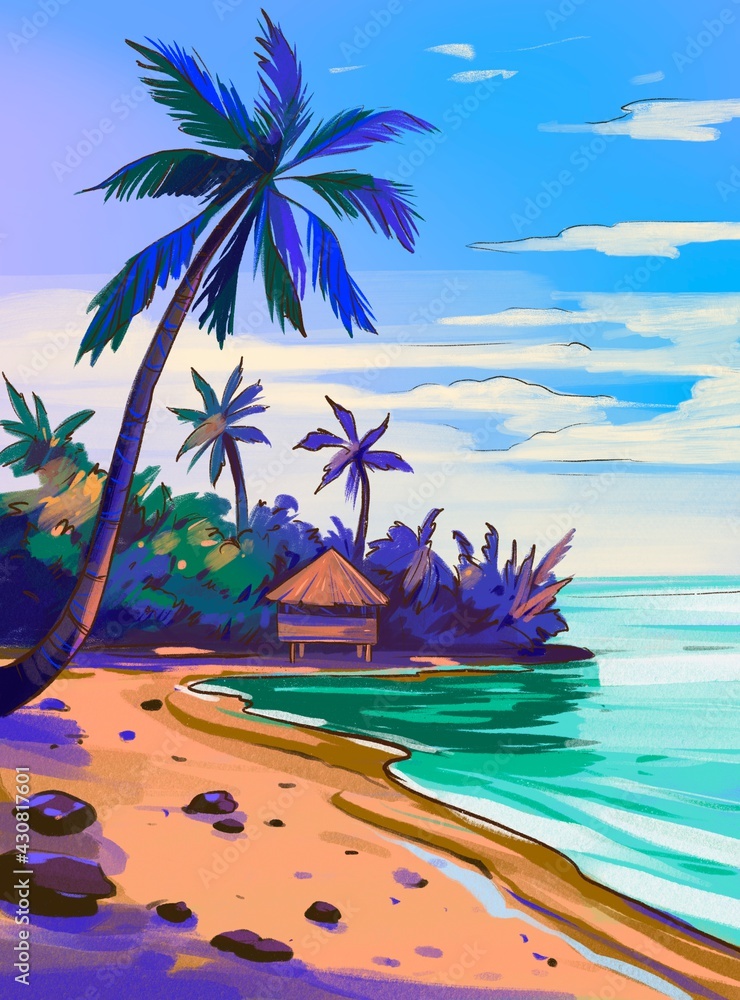 Tropical beach. Seascape, ocean landscape. Hand drawn illustration 