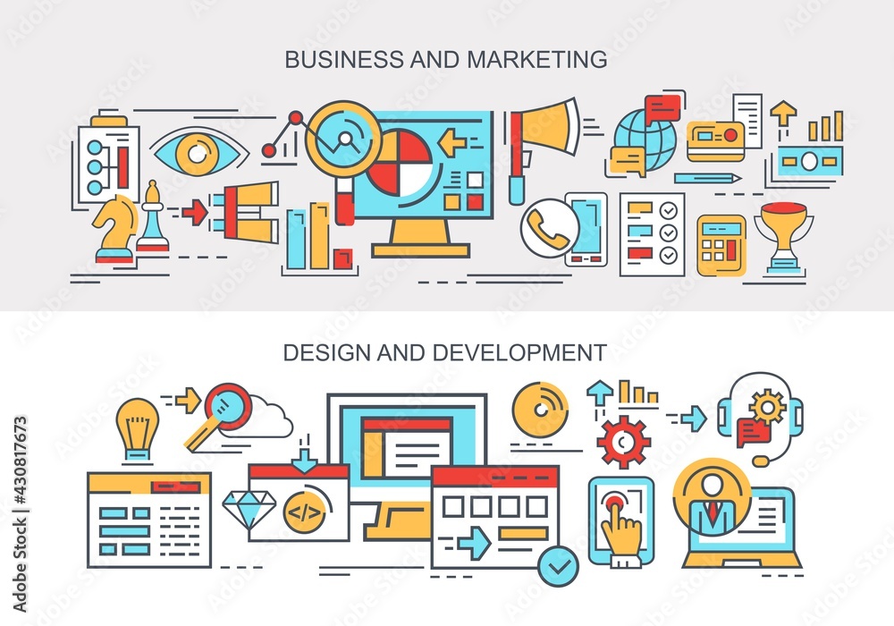 Business and Marketing. Design and development. Set of vector, flat banners.

