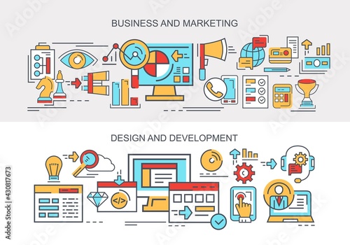 Business and Marketing. Design and development. Set of vector, flat banners.
