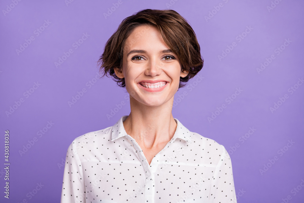 Close-up portrait of attractive cheerful brown-haired girl manager isolated over violet purple color background Close-up portrait of attractive cheerful brown-haired girl manager isolated over violet purple color background