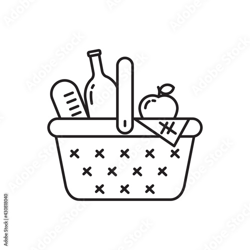 Simple line art of wicker basket with foods and drink vector illustration suitable for picnic icon isolated on white background 