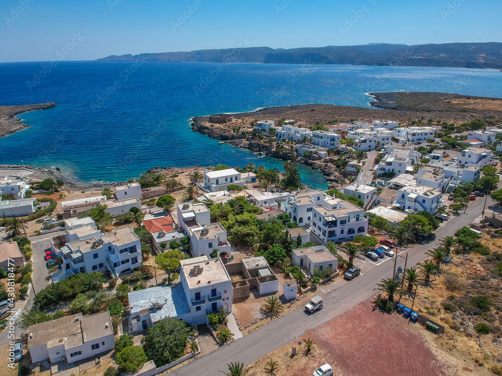 Aerial view of the picturesque seaside village Avlemonas or Avlemon in Kythera island, Greece.