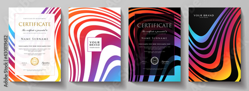 Modern creative rainbow cover design set.  Abstract wavy colorful line pattern (curves) on black background. Creative stripe vector collection for vertical certificate, brochure template, booklet page