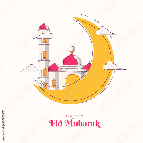 Flat eid al-fitr eid mubarak illustration with mosque line art and crescent moon