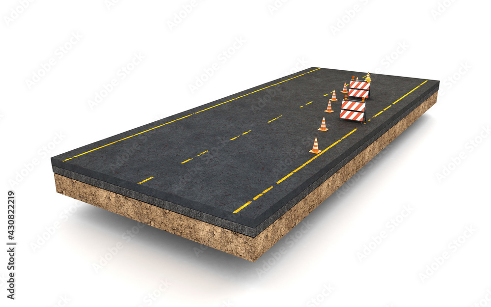 Road works scene concept perspective view. 3d rendering Road works scene concept perspective view. 3d rendering