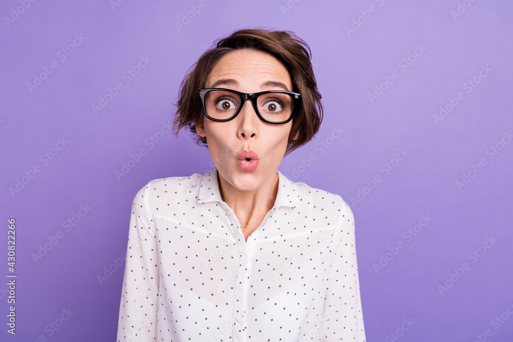 Photo of nice brunette short hair impressed lady wear spectacles shirt isolated on lilac color background