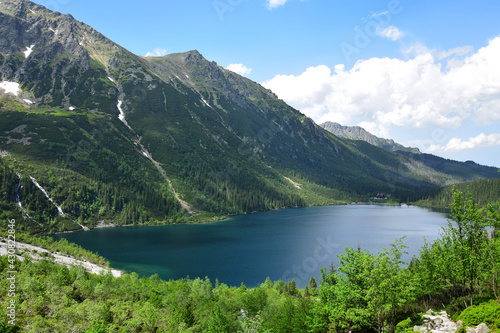 The beautiful lake Morskie oko in the High Tatras. View from lake Czarny staw pod Rysami. Poland.