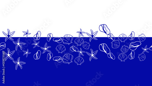 Template. Set of silhouettes of sea shells. Starfish, shell, conch, spiral, helix. Place for text. Vector illustration for greeting card, wallpaper, background. Vector illustration