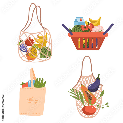 Shopping eco bags and basket set. Grocery purchases, paper and plastic packages, turtle bags with products. Natural food, organic fruits and vegetable. Department store goods. Flat vector illustration