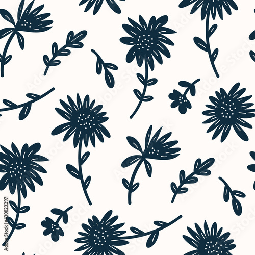Black and white seamless pattern with flowers