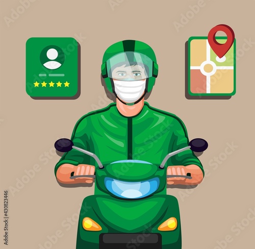 Rider motorbike taxi online with profile rating and gps symbol set cartoon illustration vector