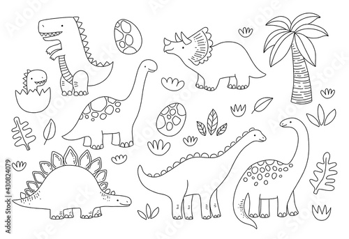 Cute dinosaur outlines in cartoon style. Kids coloring book illustrations. 