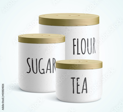 Vector set of white modern style ceramic containers, with flour, sugar, and tea text on it. Kitchen canisters covered with a wooden lid, standing isolated on a white background.