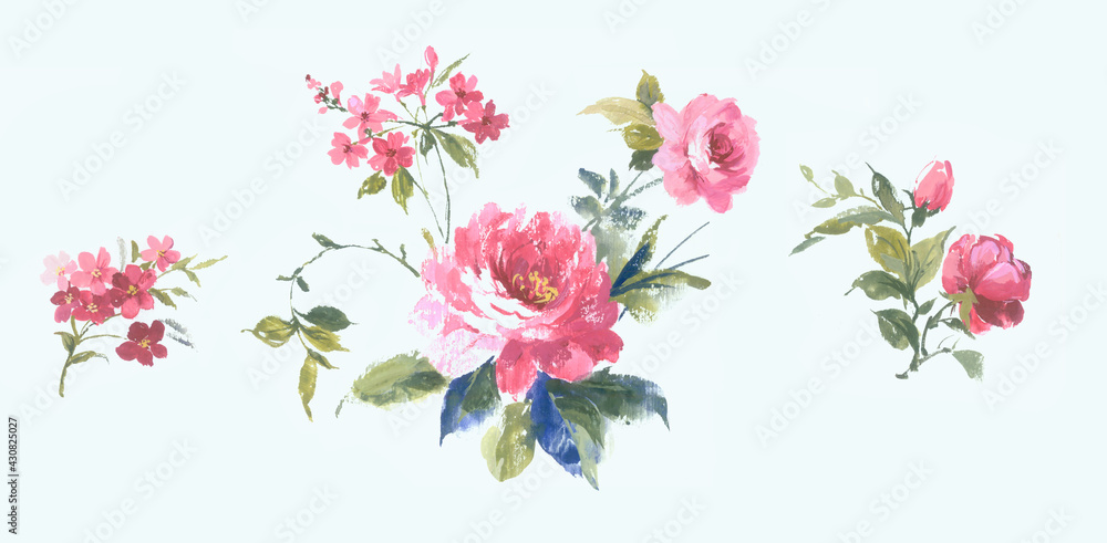 Flowers watercolor illustration.Manual composition.Big Set watercolor elements，Design for textile, wallpapers，Element for design,Greeting card