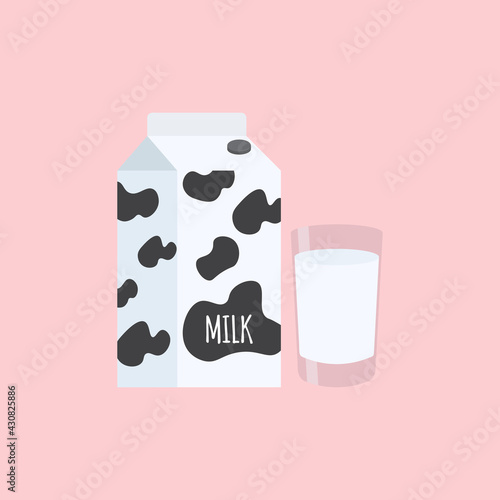 Dairy products: milk packing and a glass of milk on pink background. Vector illustration in cartoon flat style for your brand, logo, template, label, emblem for packaging, advertise.