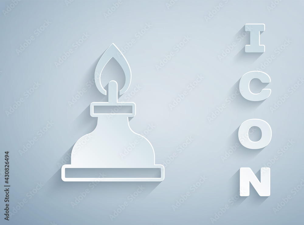 Paper cut Alcohol or spirit burner icon isolated on grey background. Chemical equipment. Paper art style. Vector Paper cut Alcohol or spirit burner icon isolated on grey background. Chemical equipment. Paper art style. Vector