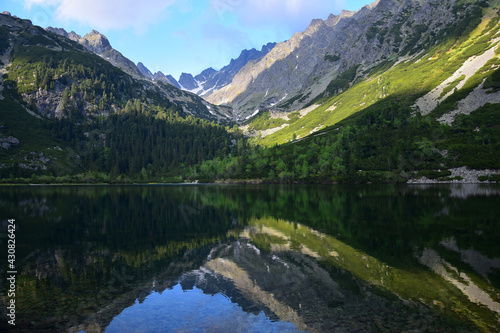 The beautiful lake Popradske pleso in the High Tatras in the evening sun with a reflection of the mountains. Slovakia. © Susanne Fritzsche