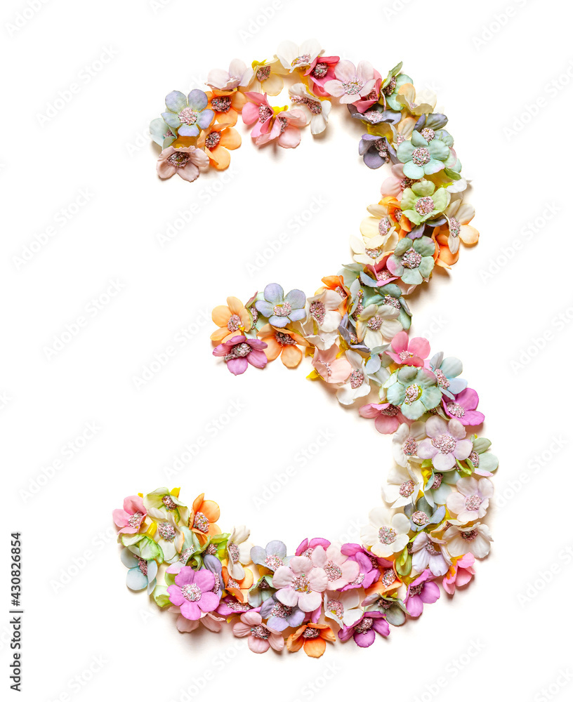 Flowers number 3 three made of colorful flowers isolated on white. Floral numbers