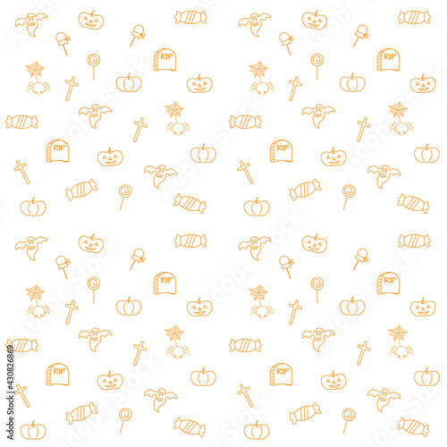 Halloween background. icon line design. vector, illustration,Halloween pattern with traditional elements, pumpkin, ghost, Graves, etc.