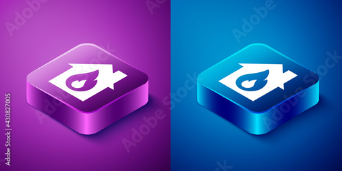 Isometric Fire in burning house icon isolated on blue and purple background. Square button. Vector