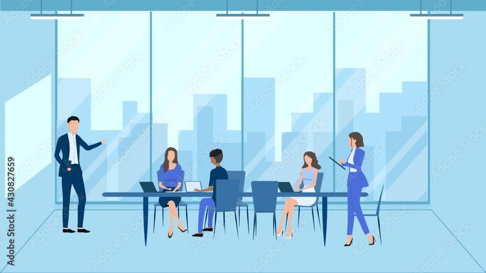2D Motion graphics,Group of office workers sitting at desks and communicating or talking to each other. 2D Motion graphics,Group of office workers sitting at desks and communicating or talking to each other.