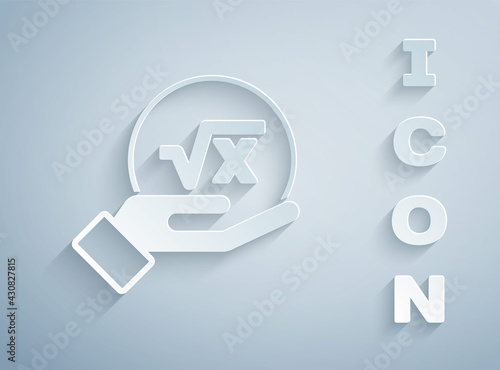 Paper cut Square root of x glyph icon isolated on grey background. Mathematical expression. Paper art style. Vector