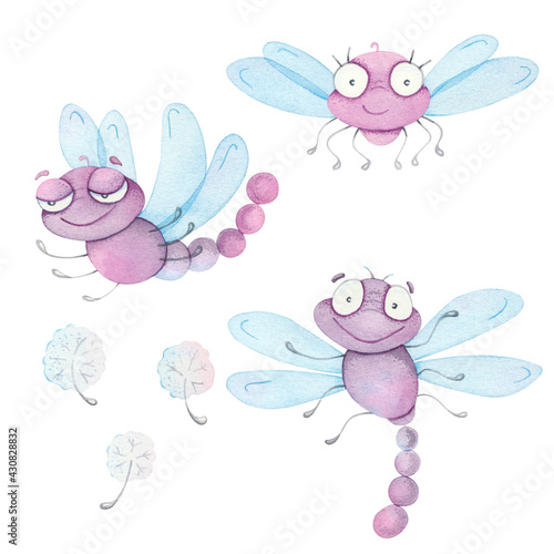 Set with dragonflies Funny, watercolor characters. Dandelion seeds. © Alena Shelest