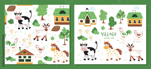 Village and with funny farm animals - Vector Seamless pattern and vector set. Loop pattern for fabric, textile, wallpaper, posters, gift wrapping paper, napkins, tablecloths. Print for kids, children