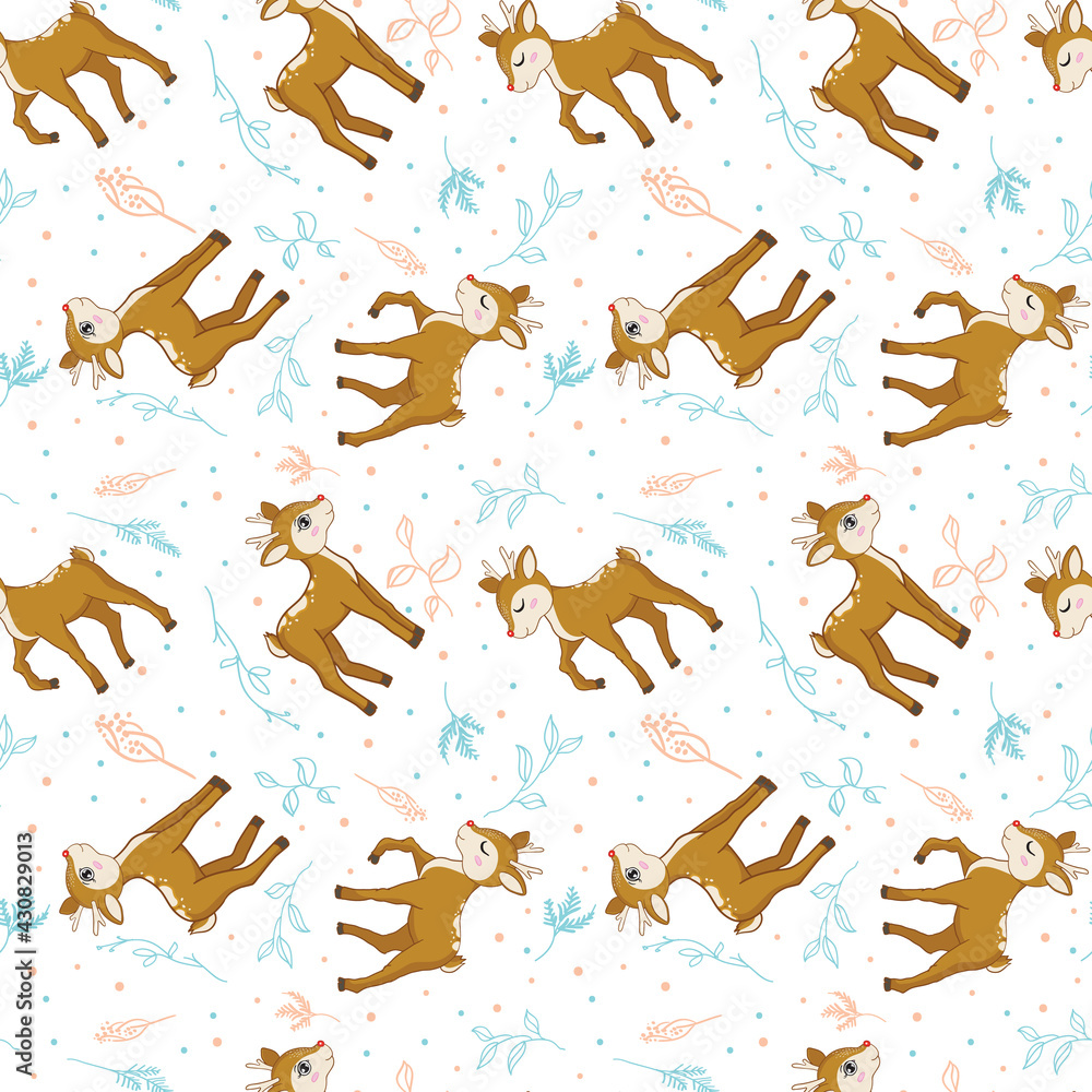 Fototapeta premium Deer seamless pattern with leaves and flowers on a white background. Vector seamless pattern. Flower illustration. Nature design.