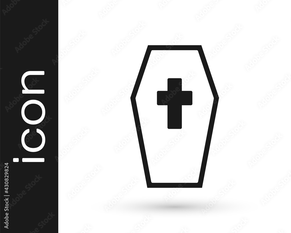 Obraz premium Black Coffin with christian cross icon isolated on white background. Happy Halloween party. Vector