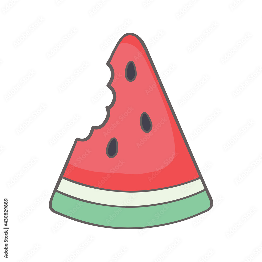 watermelon slice with red flesh and black seeds and with a piece bitten off. watermelon slice with red flesh and black seeds and with a piece bitten off.