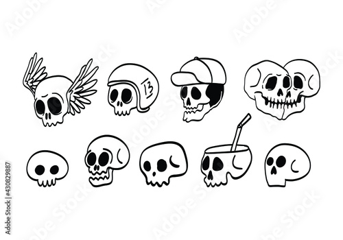 a cute skull doodle with wings in ears isolated on white background. funny head bone in vector illustration for decorating design. symbol, logo, and icon collection of cute element.