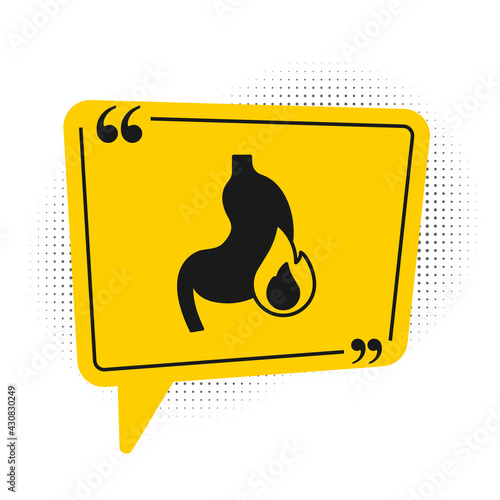 Black Stomach heartburn icon isolated on white background. Stomach burn. Gastritis and acid reflux, indigestion and stomach pain problems. Yellow speech bubble symbol. Vector