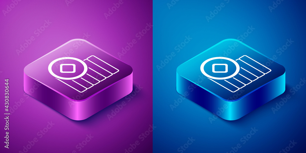Isometric Chinese Yuan currency symbol icon isolated on blue and purple background. Coin money. Banking currency sign. Cash symbol. Square button. Vector Isometric Chinese Yuan currency symbol icon isolated on blue and purple background. Coin money. Banking currency sign. Cash symbol. Square button. Vector