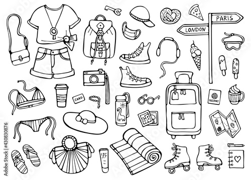 Summer doodle set, black elements isolated on white background
