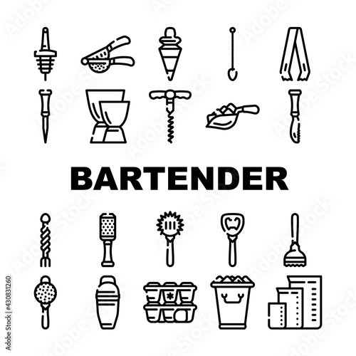 Bartender Accessory Collection Icons Set Vector. Bar Spoon And Grater, Juicer And Ice Breaker, Cocktail Shaker And Jiggers Bartender Tools Black Contour Illustrations
